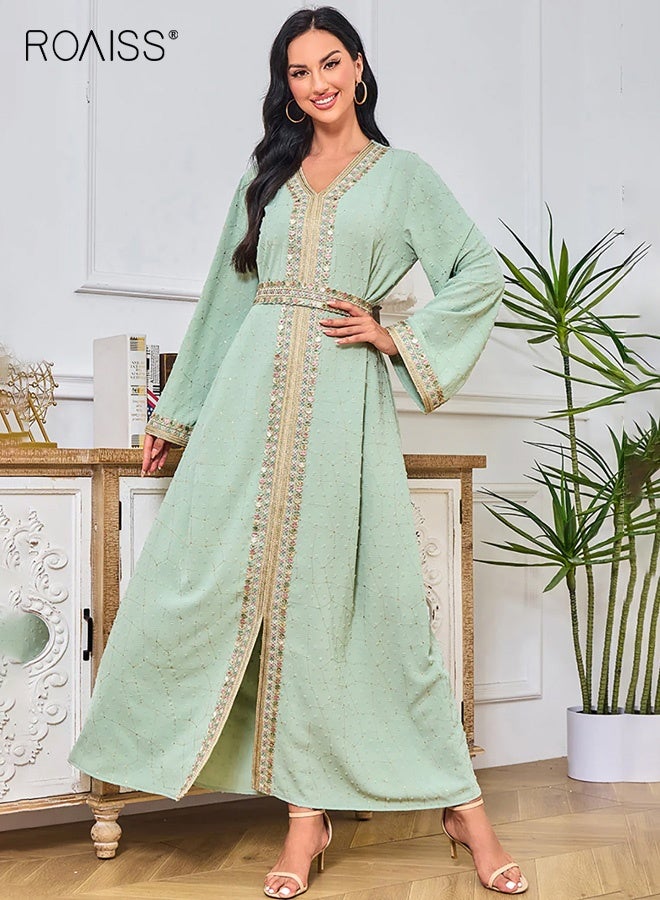 roaiss Women's V-Neck High Waist Long Sleeve Maxi Dress, Elegant Embroidered Trim A-Line Dress, Breathable Polyester Wide Sleeve Loose Dress, Boho Modest Ethnic Style Dress for Spring Vacation Holiday Festival Resort Daily Wear, Light Green - Image 1